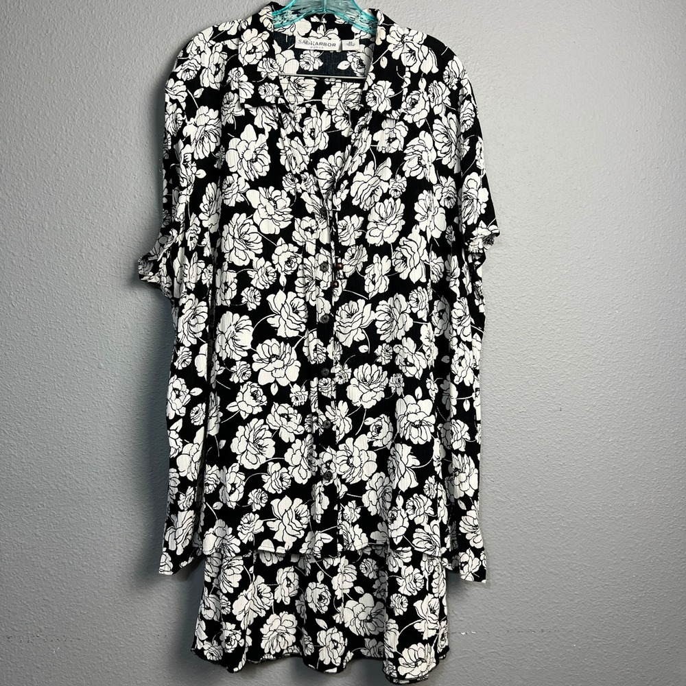 San Harbor Black & White Floral Print‎ 2-Piece Skirt Set Button Down Top Size 2X